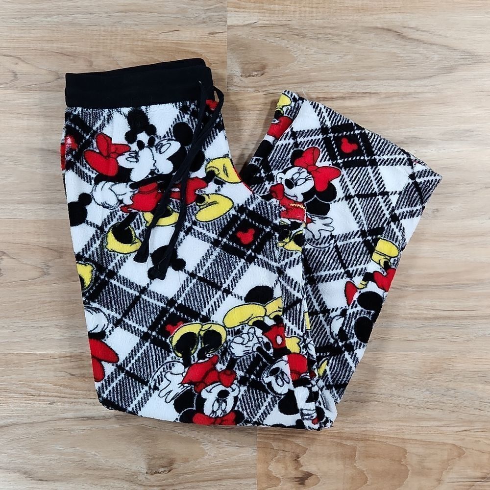 💜Disney Black & White Mickey & Minnie Print Fleece Pajama Pants Medium - Picture 1 of 8